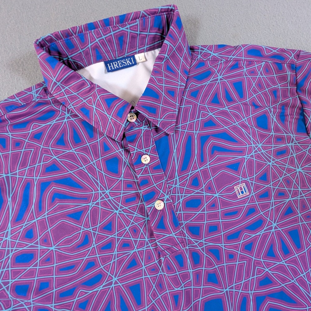 Hreski Polo Shirt Mens Size Large Purple Geometric Abstract Golf Performance
